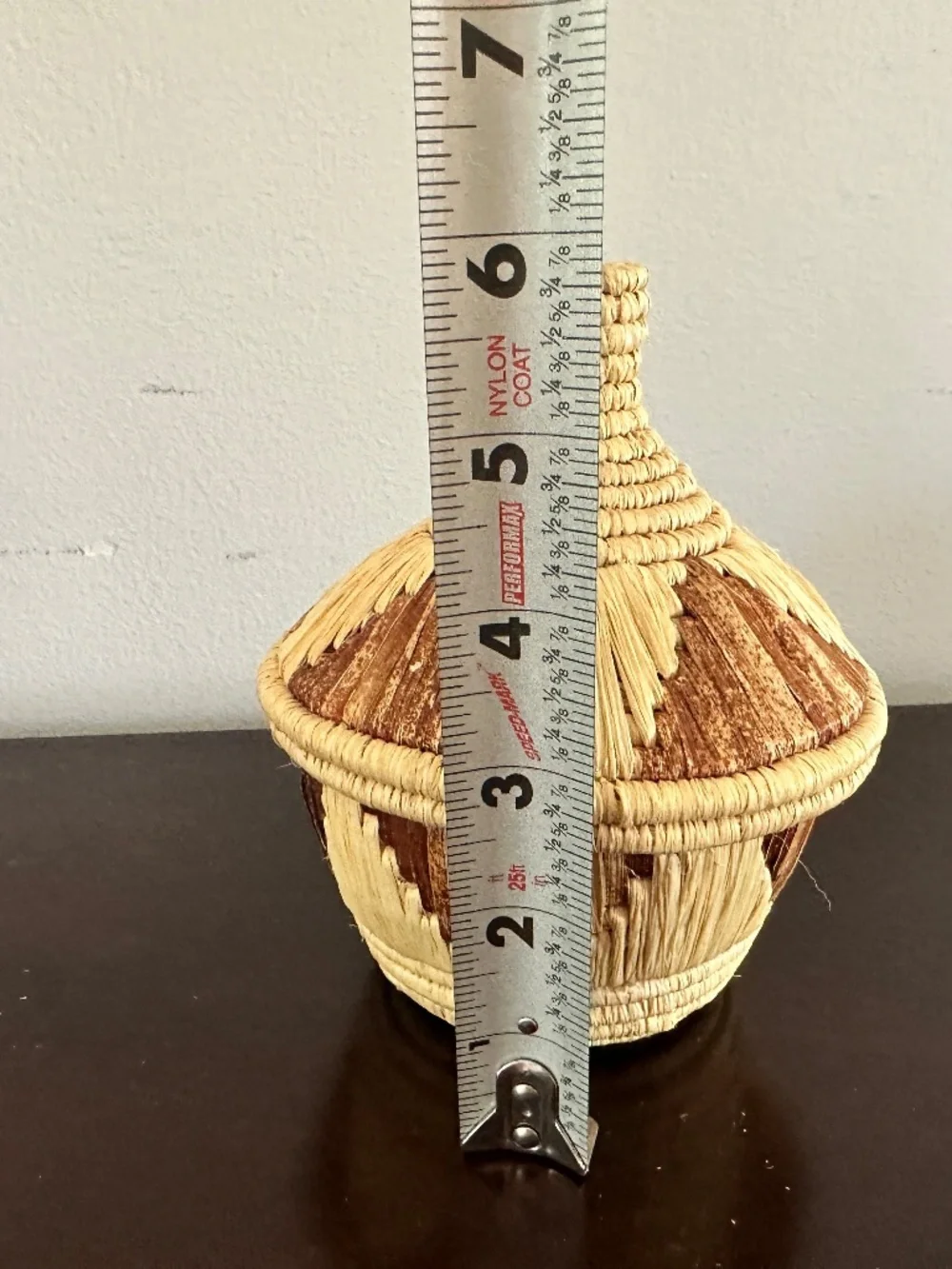 Vintage Coiled Lidded Handwoven Raffia Basket African Tribal 6” Decorative